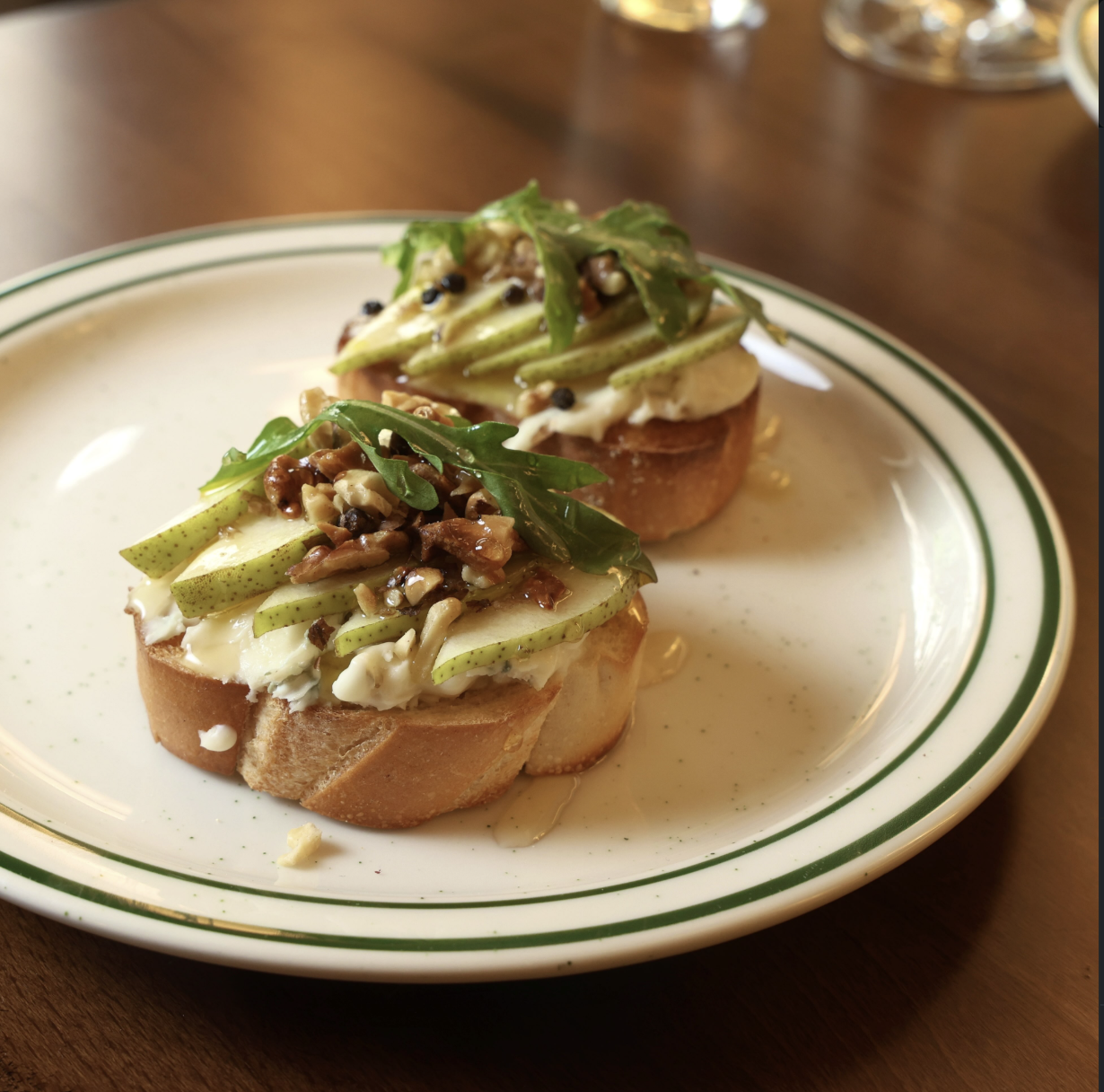 Pear and gorgonzola cicchetti with walnuts and honey